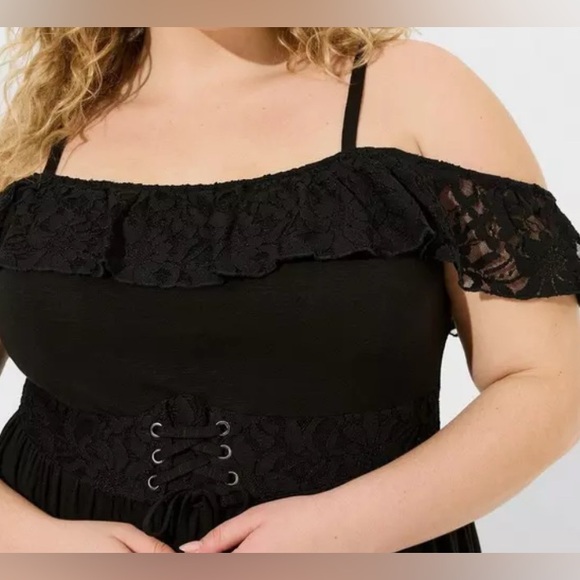 Torrid Vintage Slub Lace Up Corset Waist Babydoll Cami Black Lace Trim Strappy - Picture 4 of 13